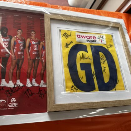 Signed Swifts Posters and Signed Netball Bib Value $200